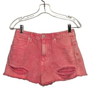 Y2K Forever 21 Coral Mid High Rise Distressed Denim Cutoff Shorts Size 29 Frayed